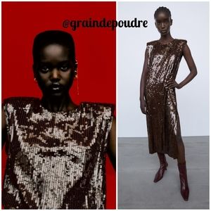 Zara Brown Straight Cut Sequin Shift Midi Dress XS